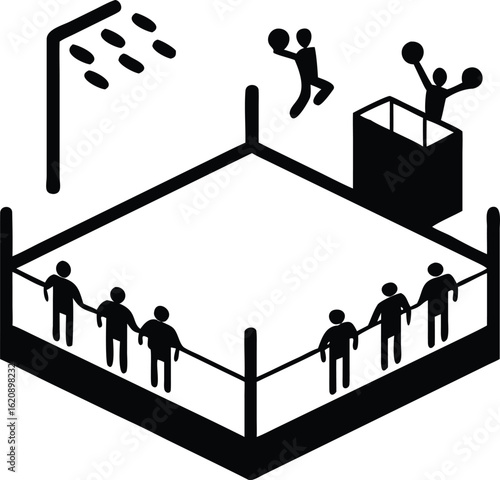 Isometric Black Silhouette of a Boxing Ring with Spectators and Fighters sport game