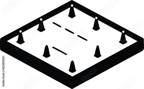 Isometric diagram of a square field with cones and dots vector illustration