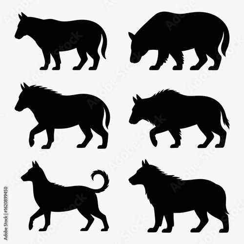 Collection of animal silhouettes featuring canids and a wild boar isolated on white background