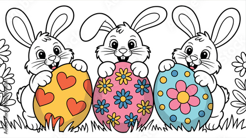 Three easter bunnies holding decorated eggs in a field of flowers coloring page illustration art