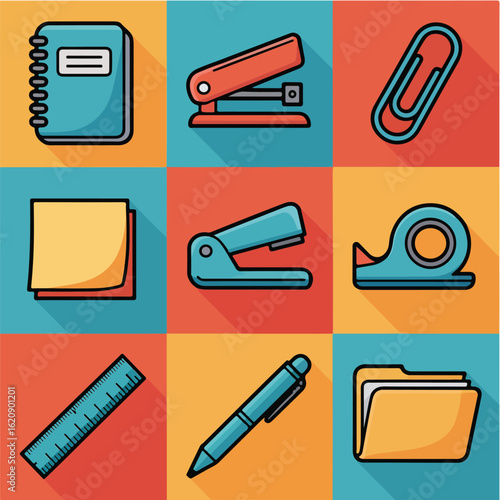 Flat design office supplies on colorful background