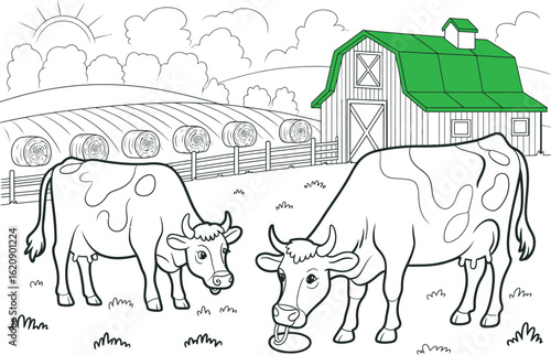 Two cows in a field with a barn and hay bales under a cloudy sky in a black and white illustration