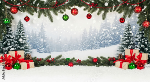 Festive christmas scene with gifts and decorations isolated on white background