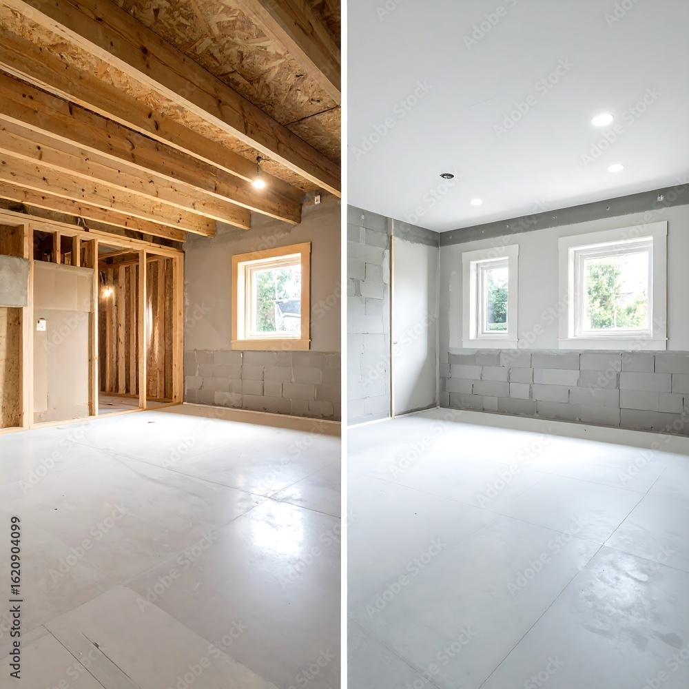 Obraz premium Interior basement remodel, before and after