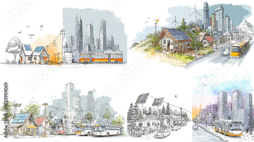 Watercolor sketches of sustainable smart cities with solar panels, modern buildings, public transport, and greenery. Perfect for eco-urban concept illustrations.

