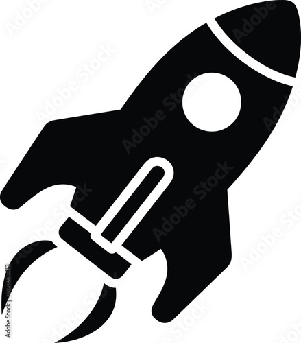 A bold silhouette of a rocket ship soaring upwards with flames propelling it into the unknown future space