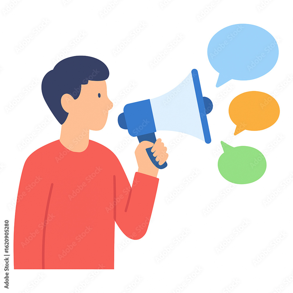 Man speaking through a megaphone for public announcement or marketing. Man speaking through a megaphone for public announcement or marketing.
