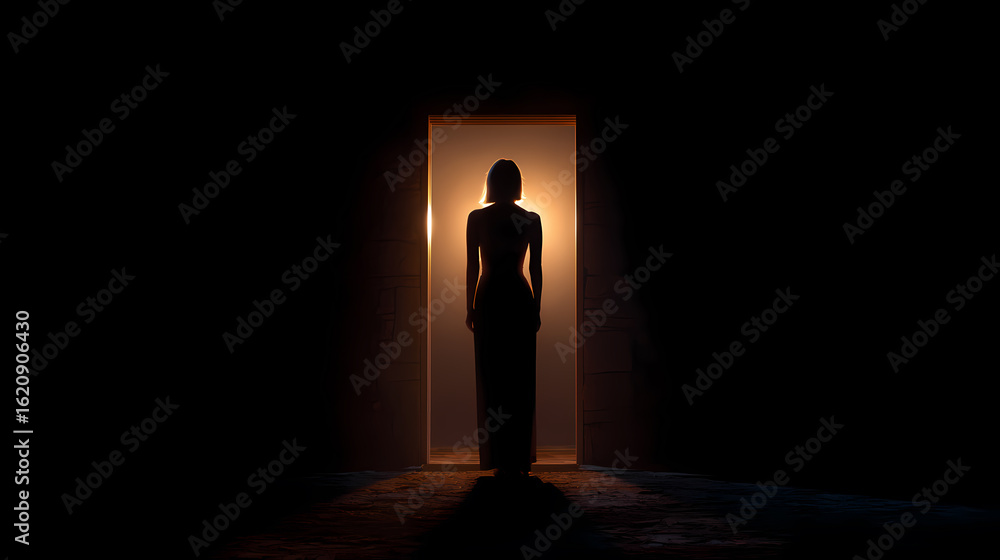Obraz premium Mysterious silhouette: A solitary figure, their form silhouetted against a warm, inviting light, stands poised within an open doorway. The contrast of shadow and light.