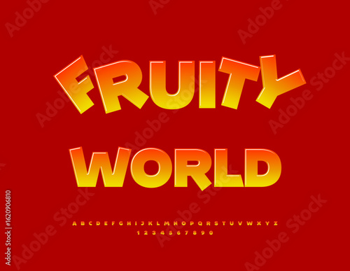 Vector Playful poster Fruity World. Festive Glossy Font. Modern Sweet Alphabet Letters and Numbers set