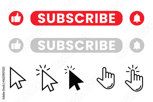 Subscription Icons and Call to Action Elements: Dynamic graphics, featuring a bold Subscribe button, inviting engagement with a thumbs-up, bell icon, and cursor clicks.