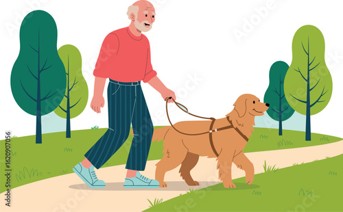An older man walking a golden retriever dog on a leash in a park on a sunny day with trees and clouds