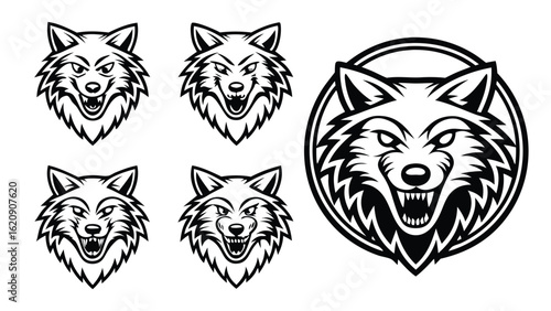 Fierce wolf heads black silhouette illustration white