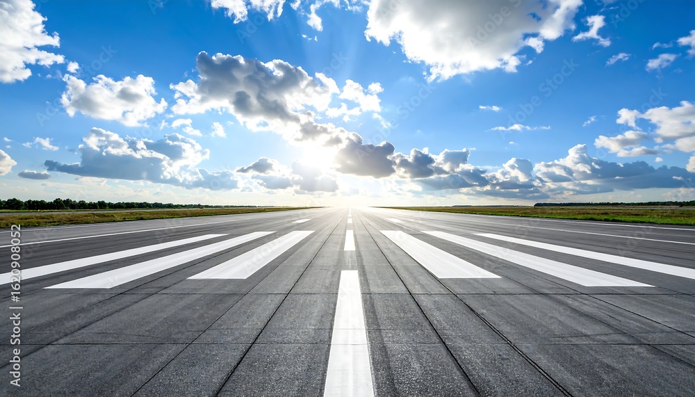 Fototapeta premium Runway Perspective: Bright Sun Illuminates Airport's Striking White Lines and Sky