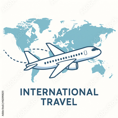 International travel concept with airplane and world map.