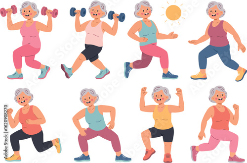 Illustrations of an elderly woman doing different types of exercises in various poses and outfits