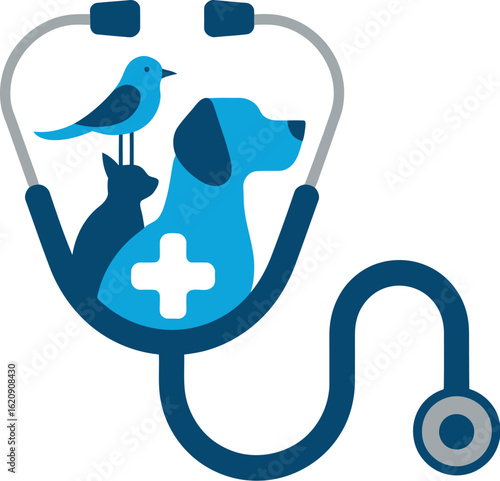 A stethoscope with a bird cat and dog inside the head of the stethoscope on a white background