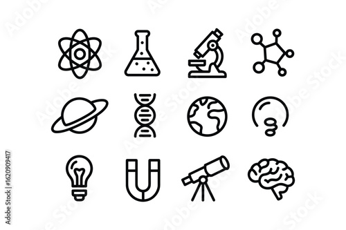 Atom molecule flask microscope D N A planet earth lightbulb magnet telescope brain