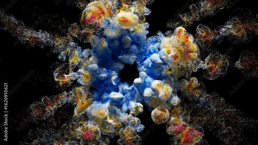 3d render of abstract art video animation with explosive smoke structure based on small balls spheres sand particles in yellow gold and azure blue gradient color on isolated black background