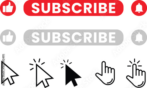 Subscribe Buttons: A modern and user-friendly display of Subscribe buttons and supporting icons, youtube, chanel, channel, icon set, like, bell, ball, icon, symbol, red, notification, hand, cursor,