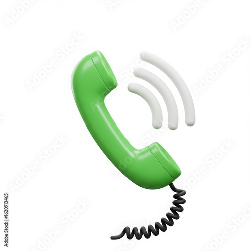 Green telephone handset with sound waves on white background