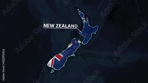 Zoom from Earth to New Zealand. (Country Flag) World map animation with highlighted country borders. Satellite 3d world map animation highlights aerial views, tourism, and travel. 4k