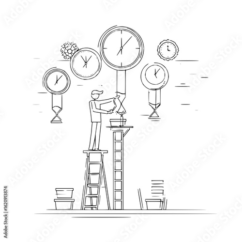 Time management with clock and hourglass concept showing efficiency and productivity with ladder and worker sketch