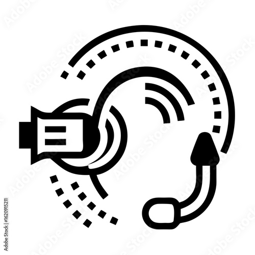 Hearing aid icon with sound waves and connected wire  