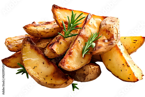 Golden baked potato wedges with rosemary isolated on transparent background.
