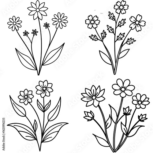Wild Flowers Coloring Page, Floral Outline, Nature Drawing, Meadow Coloring Sheet