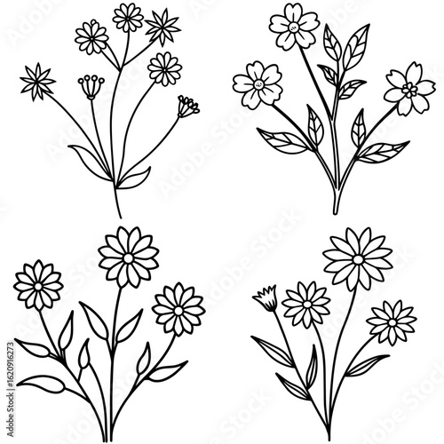 Wild Flowers Coloring Page, Floral Outline, Nature Drawing, Meadow Coloring Sheet
