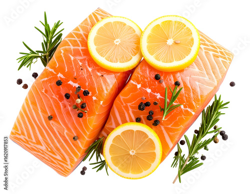 Filé de salmão cru com textura detalhada, decorado com alecrim e limão, estilo natural e realista – fundo transparente – AI gerado