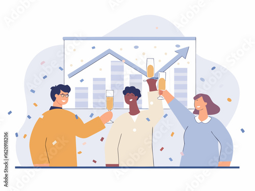 Team of coworkers celebrating startup success with confetti and growth graph in background