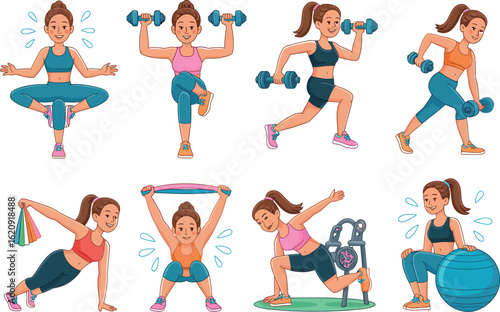 Cartoon illustration showing a woman in various workout poses with dumbbells and exercise ball isolated