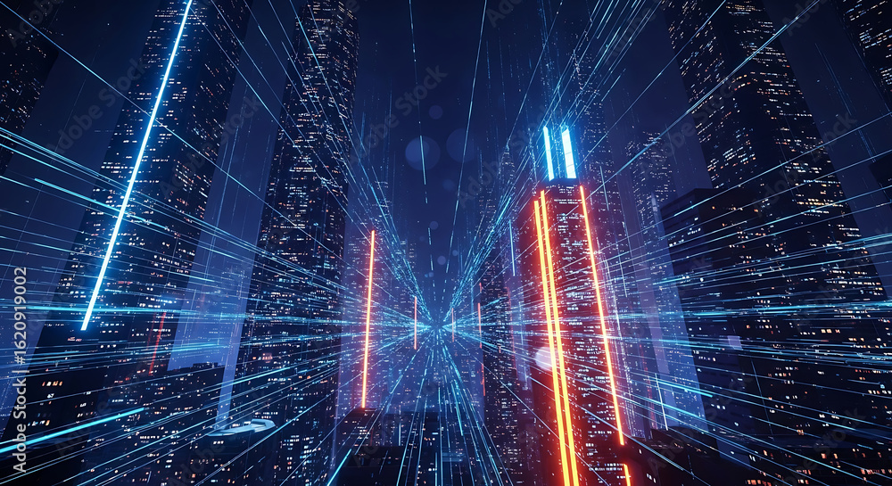 Fototapeta premium Futuristic digital city skyline at night, with glowing lights and network connections symbolizing technology and urban development