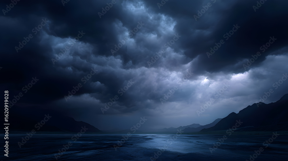 Fototapeta premium Tempestuous Azure Panorama: A panoramic vista of a raging storm cloudscape, capturing the drama and raw power of nature, with ominous dark clouds dominating the sky and the turbulent sea.