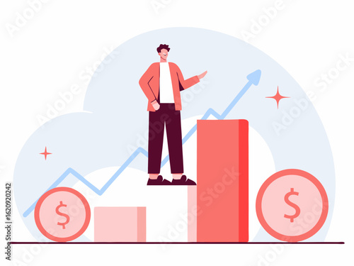 3D render of businessman standing on bar graph representing financial growth and success