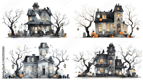 Spooky watercolor haunted houses surrounded by bare trees, glowing windows, jack-o-lanterns, and eerie graveyards, perfect for Halloween.


