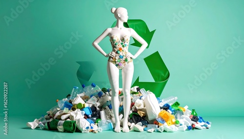 Mannequin atop a mountain of plastic waste, recycle symbol