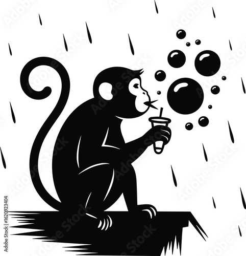 Monkey drinking from a cup with bubbles in the rain silhouette animal primate