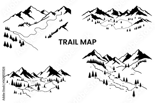Mountain Trail Map Vector Set, Hand-Drawn Hiking Route Illustrations, Outdoor Adventure Landscape, Nature Path Clipart Design