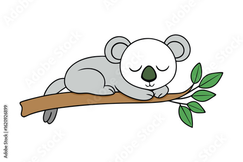 Cute cartoon koala sleeping peacefully on a tree branch