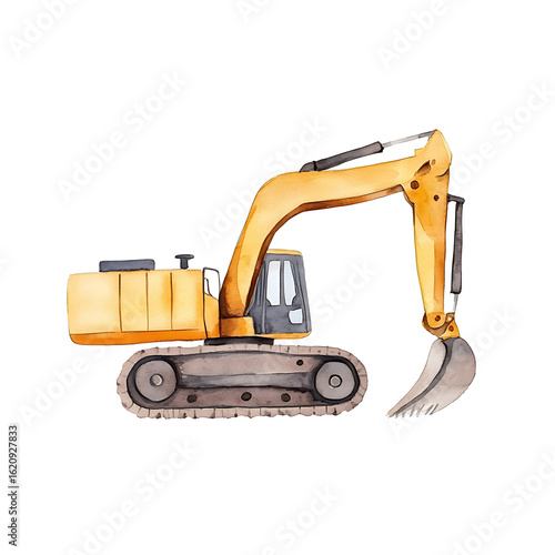 Watercolor illustration of a yellow excavator. Perfect for kids' books, construction themes, or transportation designs.
