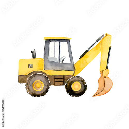 Cartoon yellow digger with a bucket and shovel for excavation. Watercolor construction equipment illustration for kids, against a white background.