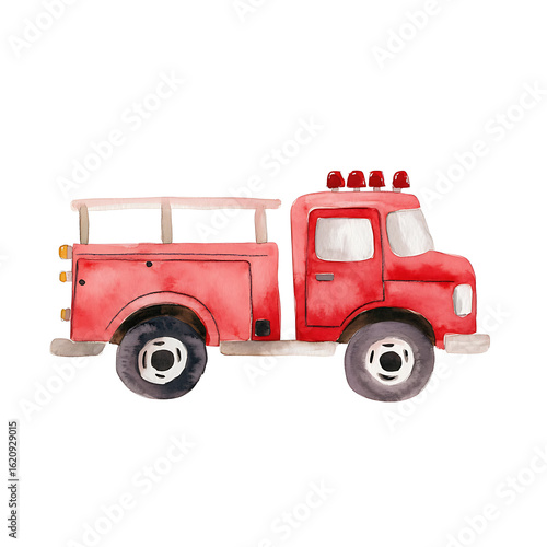 Watercolor illustration of a red fire truck with lights on top, featuring a ladder on the back, against a clean white backdrop.