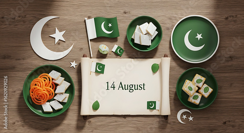 Pakistan independence day august fourteenth celebration with flags sweets and traditional symbols