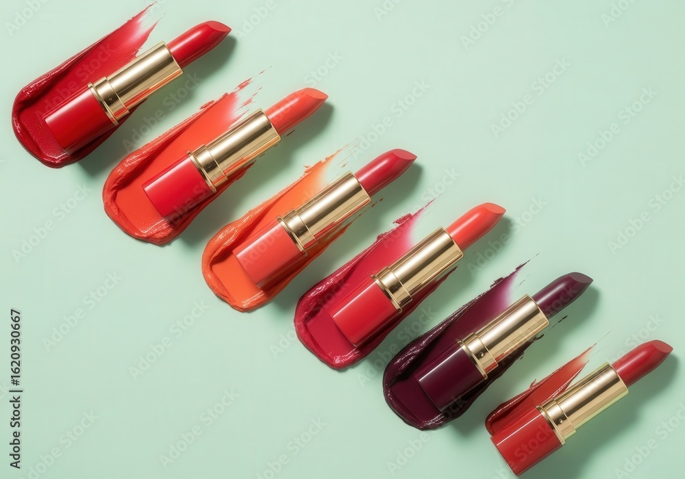 Vibrant assortment of lipsticks on pastel green background Vibrant assortment of lipsticks on pastel green background