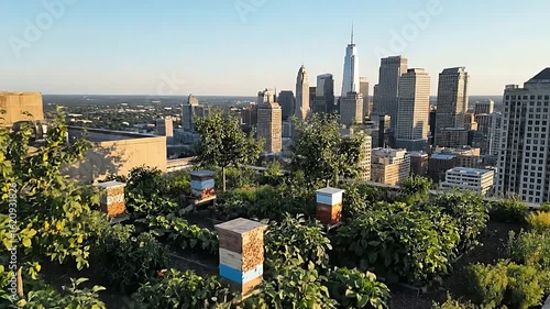 Sustainable Rooftop Urban Farm with Beehives, Fresh Produce, and City Skyline View. Eco-Friendly Green Space for Urban Agriculture and Biodiversity in a Modern City Environment