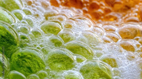 Close-up of vibrant green and orange bubbles in a fizzy drink, showcasing effervescence and texture