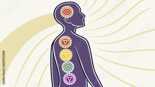 Illustration of the seven chakras in the human body, representing the energy centers for spiritual healing, wellness, and balance through meditation and yoga practice