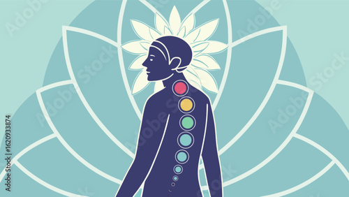 Illustration of the seven chakras in the human body, representing the energy centers for spiritual healing, wellness, and balance through meditation and yoga practice